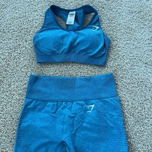 Gym Shark Vital Seamless 2.0 Sports Bra and Shorts Matching Set Teal Blue.